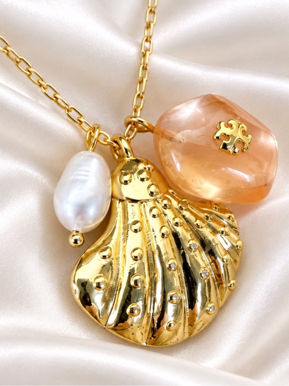 Tori Burch Gold Seashell/Peach Glass/Pearl Charm Pendant Necklace.